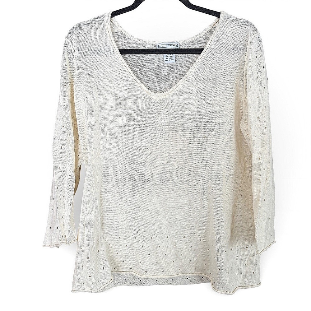 Lauren Hansen Sweater Women Cream Pointelle Linen‎ Cotton V-Neck Knit Large